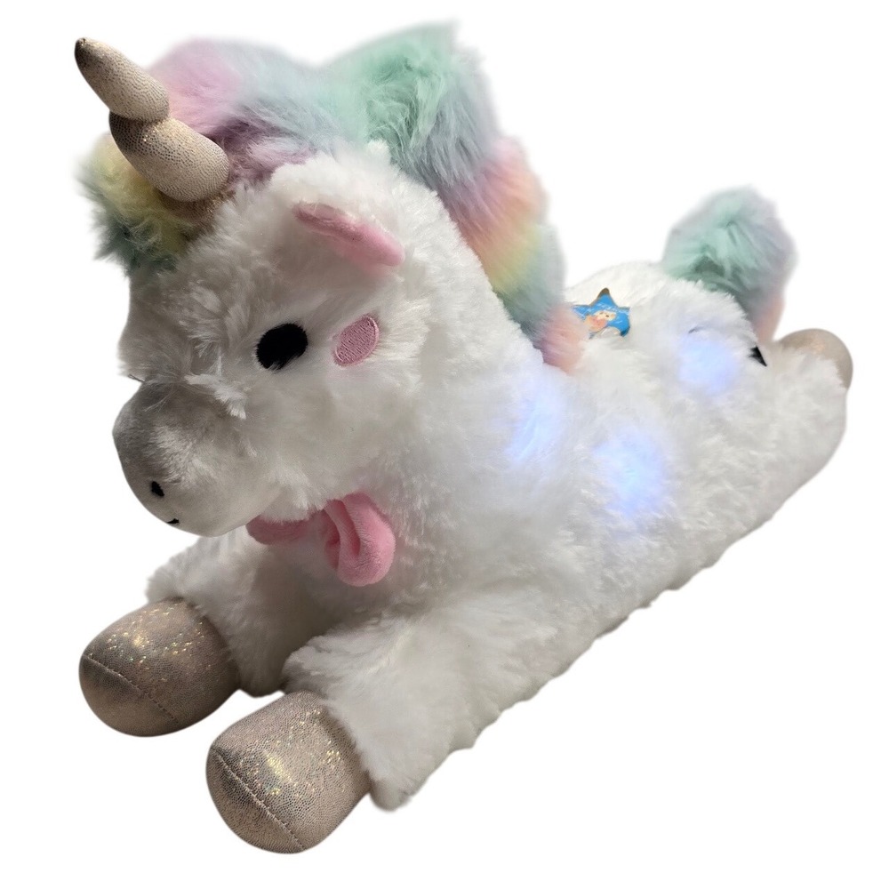 FAO Schwarz LED Light Up Unicorn Plush Rainbow Mane White Sparkle 15in Kids Toy